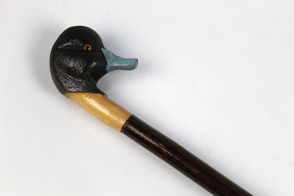 A walking stick with carved wooden handle in the form of an American blue billed duck, - Image 2 of 2