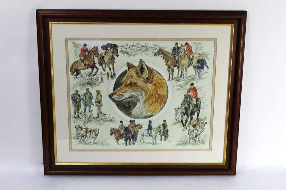 Jan Farnes a watercolour depicting fox, foxhunting, foxhounds etc, signed to the lower right.