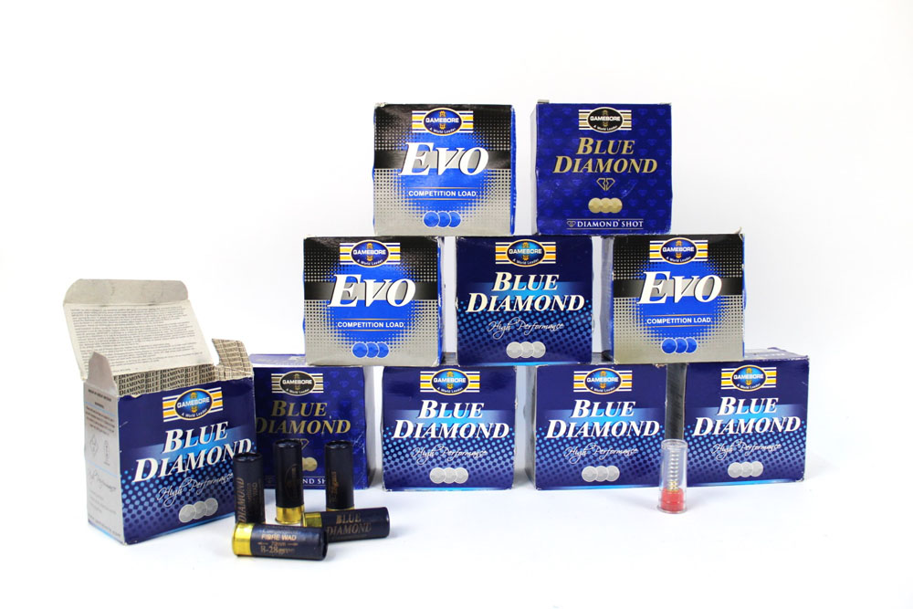 Two hundred and fifty Gamebore 12 bore shotgun cartridges, to include Blue Diamond and Evo.