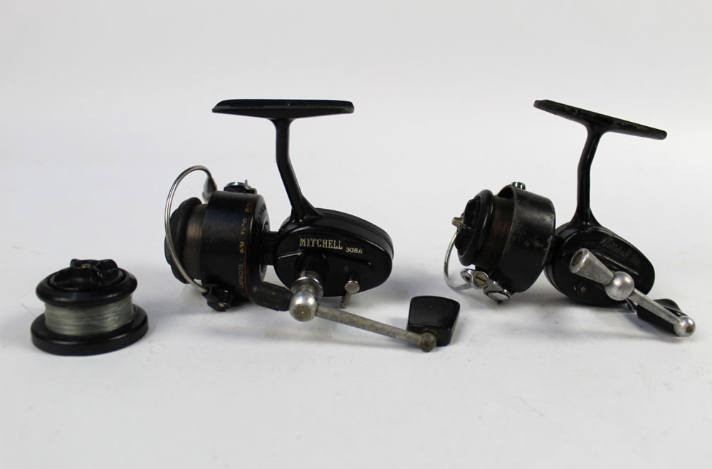 A Mitchell 308A fixed spool reel and a Mitchell Prince 300 fixed spool reel with spare spool.