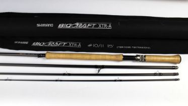 Shimano Bio Craft XTR-A salmon fly rod, in four sections 15', line 10-11 with hard rod tube.