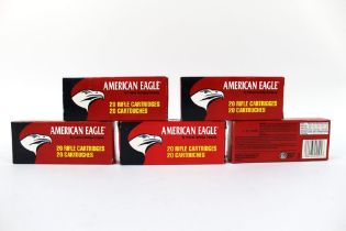 One hundred American Eagle cal 223 Remington, 50 grain, flat base hollow point rifle cartridges.