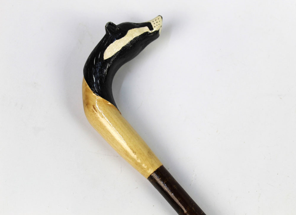 A walking stick with carved wooden handle in the form of a badger, - Image 2 of 2
