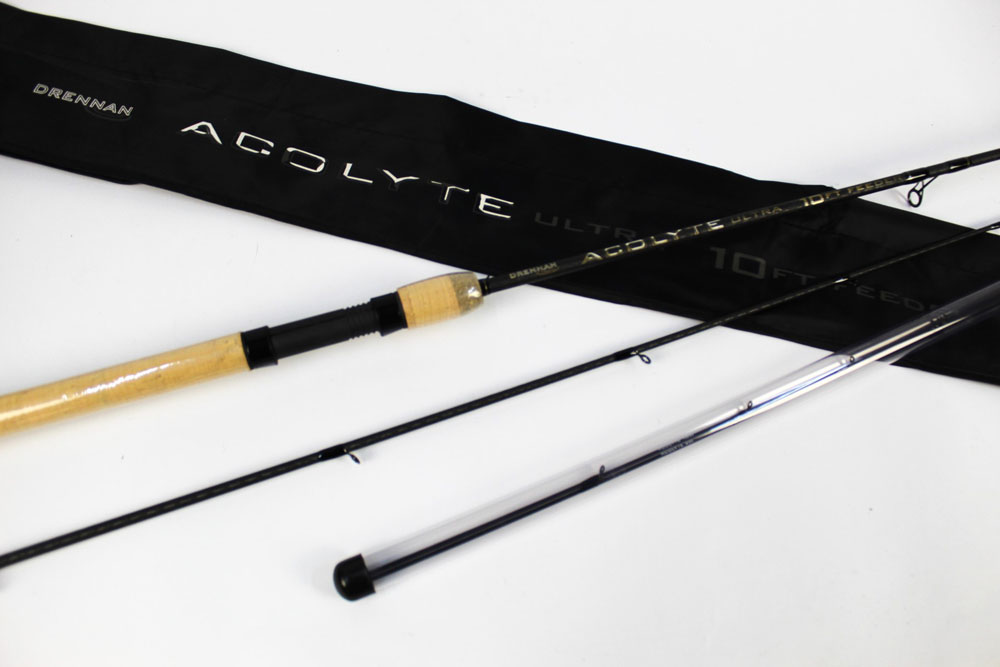 A Drennan Acolyte Ultra feeder rod, 10', with multiple tips (new and unused).