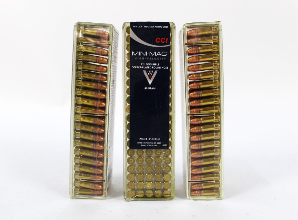 Three hundred CCI Mini-Mag 22 LR HP copper plated hollow point rifle cartridges.