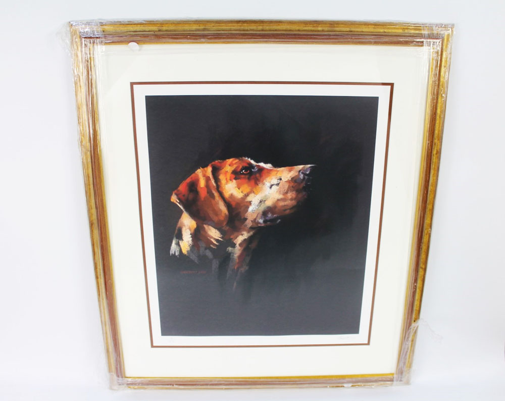 Karen Davis, signed limited edition print, foxhounds head, 15/395, 51 x 42 cm framed and mounted. - Image 2 of 4