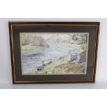 Douglas R Holloway a watercolour "Fishing The Boat Hole at Woodend Aberdeenshire, Dee".