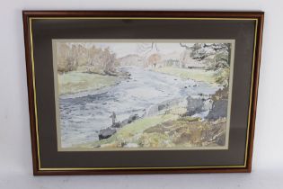 Douglas R Holloway a watercolour "Fishing The Boat Hole at Woodend Aberdeenshire, Dee".