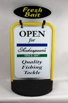 An unused Shakespeare fishing tackle shop display sign, also advertising fresh bait.