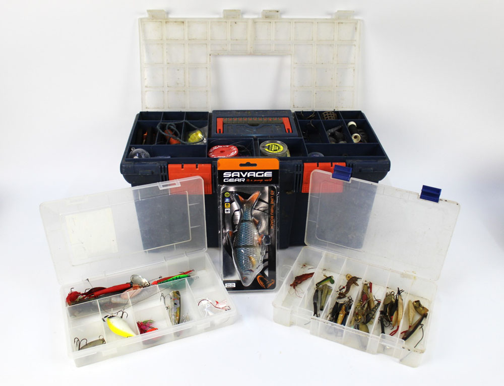 Three plastic tackle boxes, containing various plugs, Flying C's, spools of line etc. - Image 2 of 3