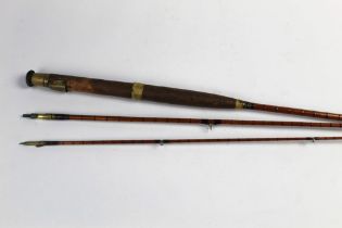 Hardy a split cane trout fly rod, in three sections, the brass end marked Hardy Bros makers Alnwick.