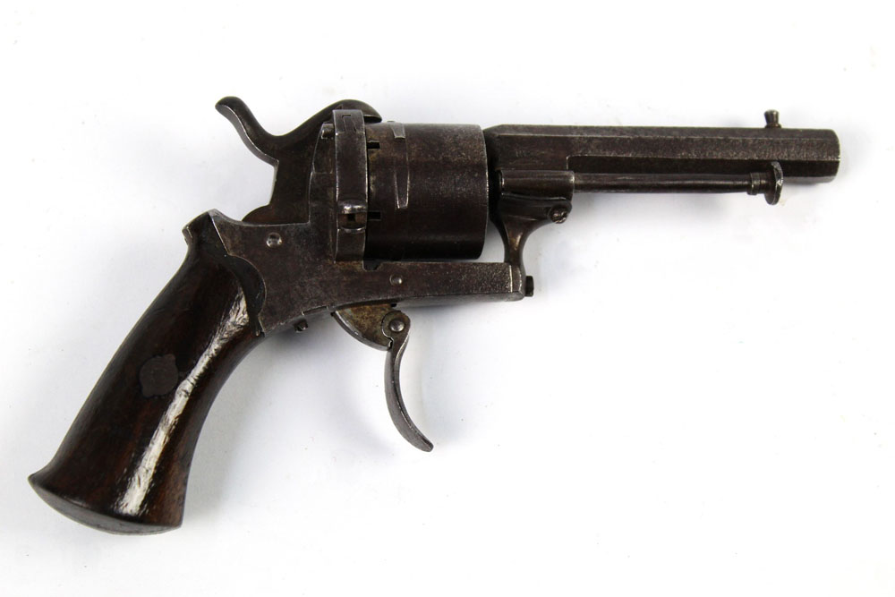 A Belgian Pinfire revolver, with a 3 1/4" hexagonal barrel, folding trigger and wooden grips. - Image 2 of 3