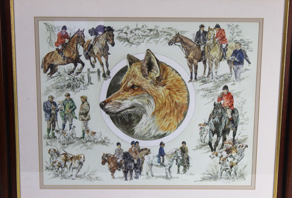 Jan Farnes a watercolour depicting fox, foxhunting, foxhounds etc, signed to the lower right. - Image 2 of 2