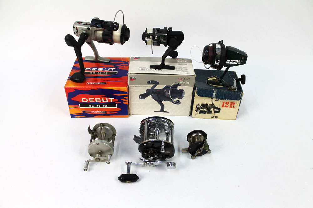 Three fixed spool reels to include a Debut DE45 FD and three multipliers, pole winches etc.