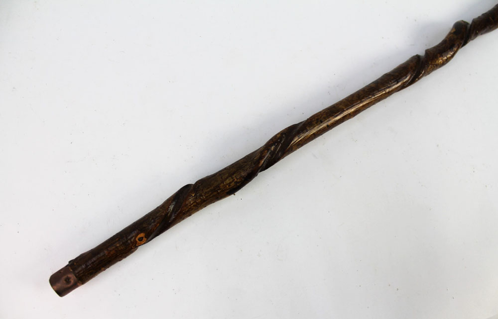 A hazel shafted walking stick with a honeysuckle twisted shaft and stag antler handle. - Image 3 of 3