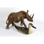 A 20th century carved wooden duck decoy, height +/- 26 cm,