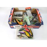 A box containing a quantity of sea fishing lures, weights, Octopus bait, shark wire trace etc.