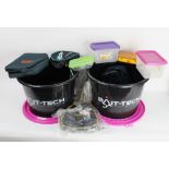 Two Bait-Tech Advance bait solution bait tubs, containing various reel pouches - Browning,