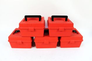 Five MTM Case-Gard R100 series rifle cartridge boxes.