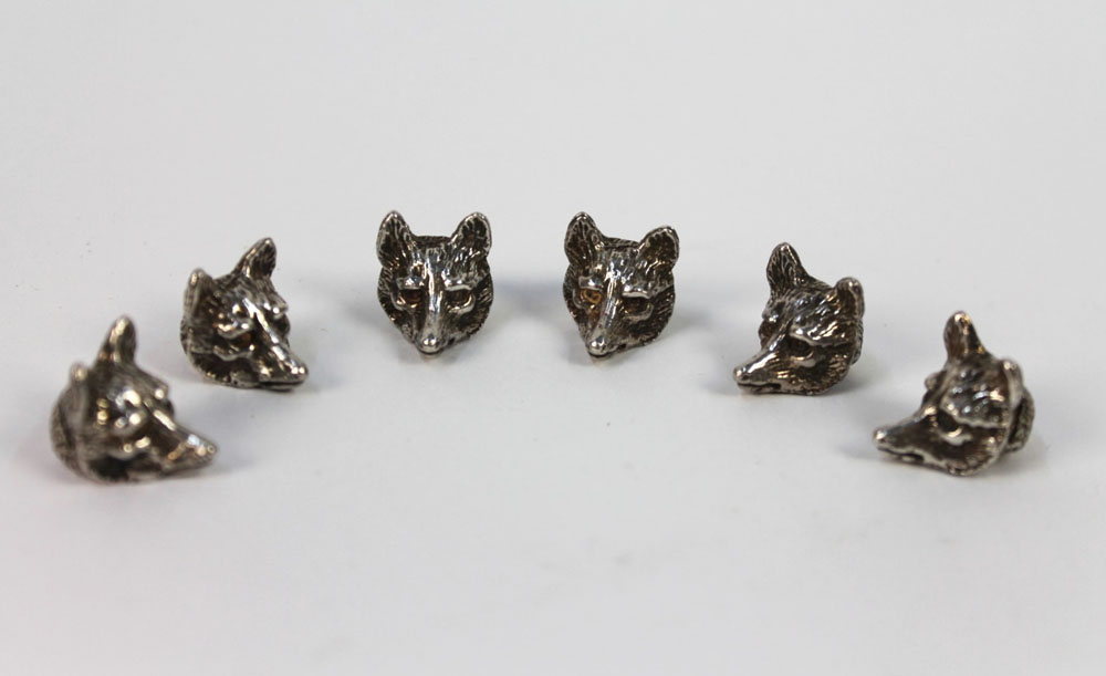 A set of six silver fox head name place holders, stamped 925 Birmingham 2012.