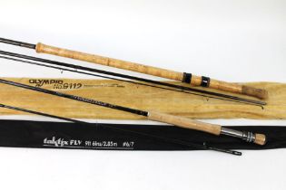 Two rods, a WSB tackle Attura carbon fly rod, in three sections, 9' 6" line 7-8,