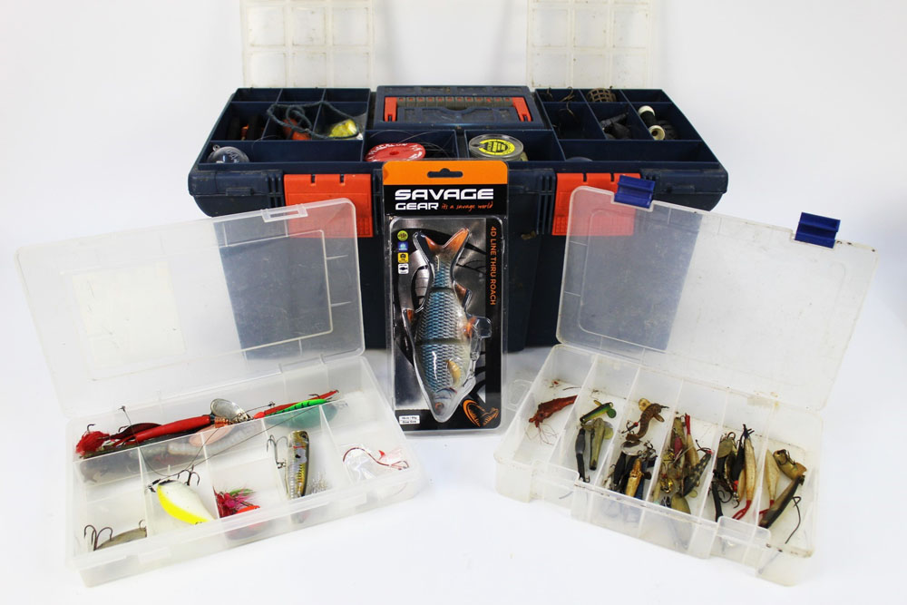 Three plastic tackle boxes, containing various plugs, Flying C's, spools of line etc. - Image 3 of 3