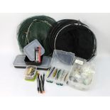 Two keep nets and a box of Swift rod eyes, double sided tackle box with lures, Abu Garcia Tobys,
