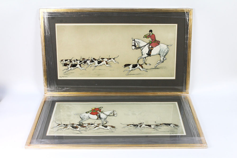 Guy Messhane a pair of prints, huntsman and hounds, 28 x 63 cm, framed and mounted.