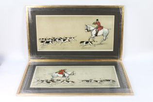 Guy Messhane a pair of prints, huntsman and hounds, 28 x 63 cm, framed and mounted.