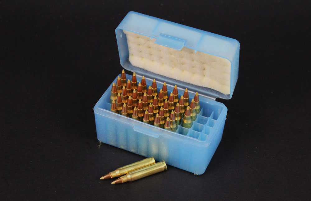Thirty eight cal 223 rifle cartridges, in a blue plastic box. FIREARMS CERTIFICATE REQUIRED.
