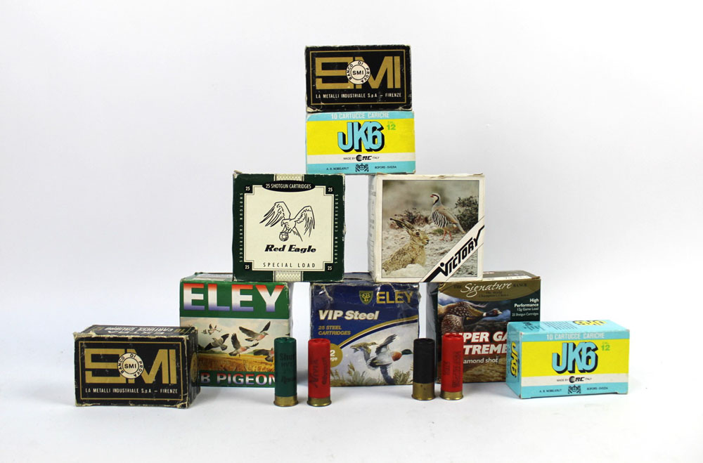 Nine boxes of 12 bore shotgun cartridges, to include JK6 by RC Italy, Red Eagle Special Load,