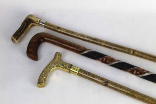 Three walking sticks, the first with hazel shaft, brass handle.
