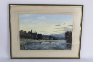 Tim Hawes a watercolour of fisherman and salmon in The River Dee,