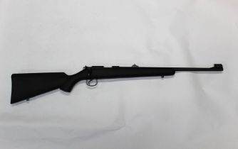 A CZ455 cal 22 LR bolt action single shot rifle, with black synthetic stock,