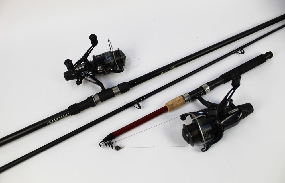 Two Shimano bait runner DL6000 RA reels, one fitted onto a Carp Hunter rod, in two sections 3.