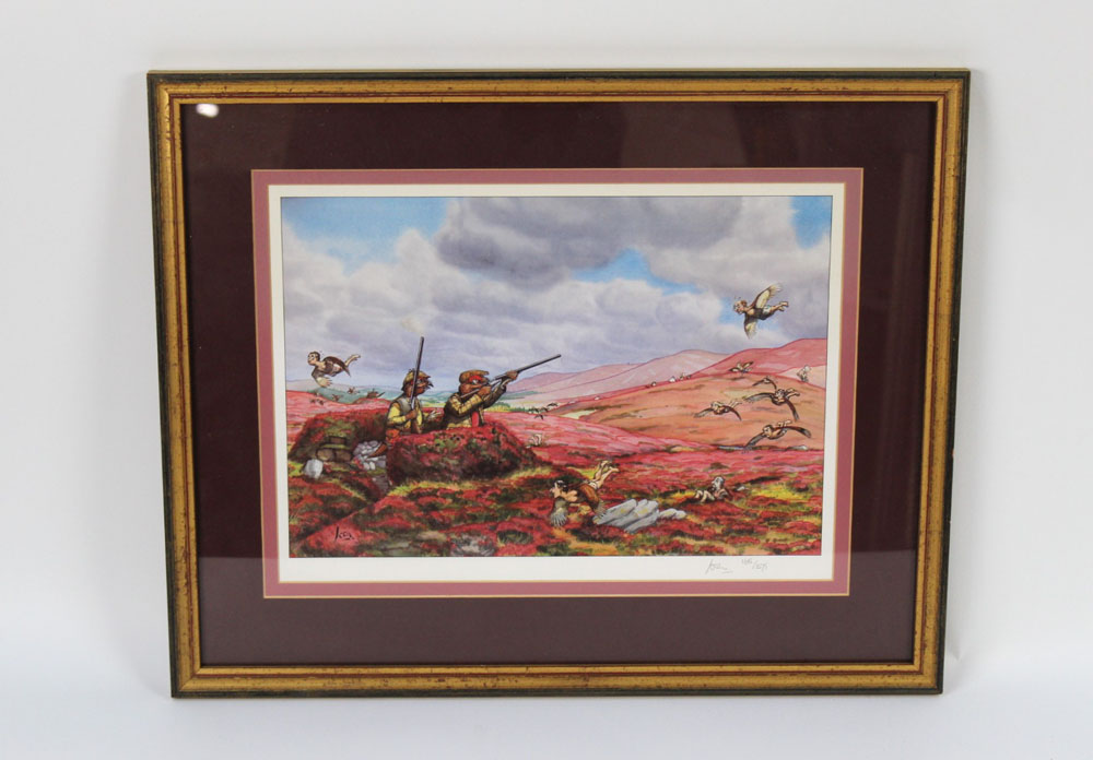 Loon a signed limited edition cartoon "The Grouses Dream" 165/375, 25 x 27 cm, framed and mounted. - Image 2 of 4