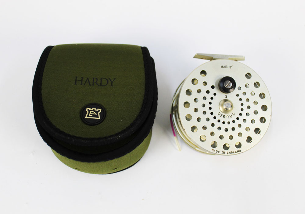 A Hardy Sirrus 3 salmon fly reel. Serial No. A22547 with Hardy Neoprene pouch.