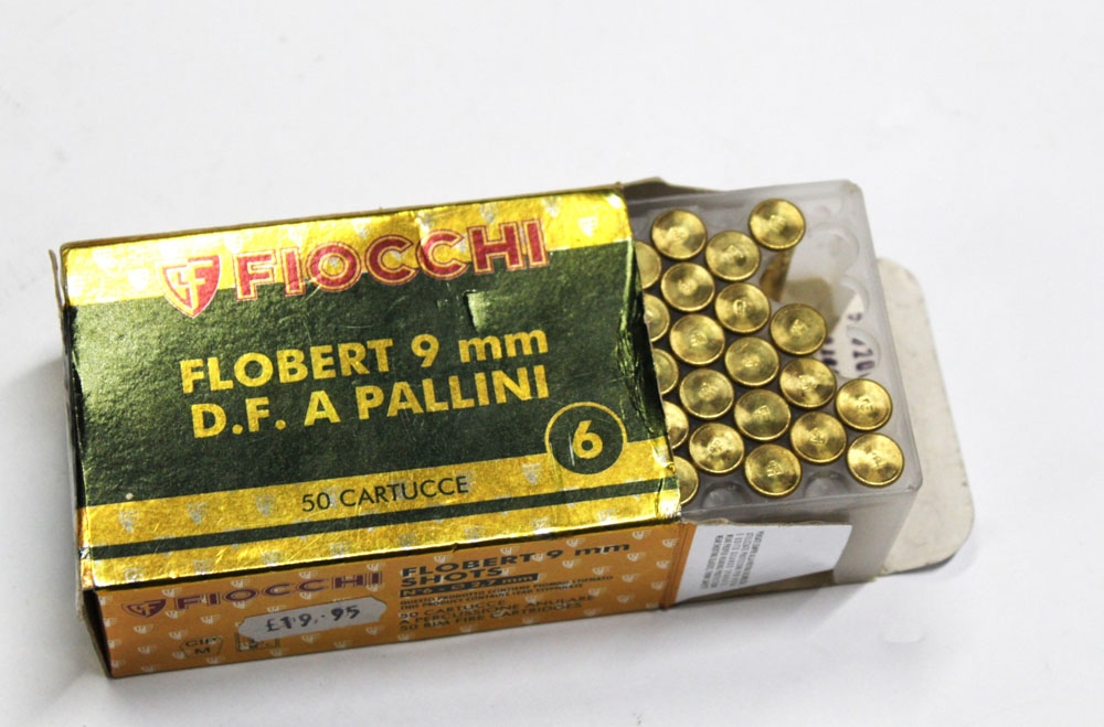 A box of 46 Fiocchi 9 mm Flobert Rimfire cartridges. SHOTGUN CERTIFICATE REQUIRED.