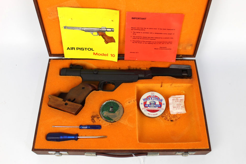 An original Model 10 cal 177 air pistol, with a 7" barrel, cased with instructions, pellets etc.