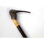 A walking stick with carved wooden handle in the form of a curlew, length 124 cm.