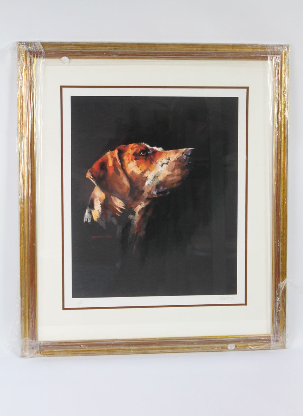 Karen Davis, signed limited edition print, foxhounds head, 15/395, 51 x 42 cm framed and mounted.