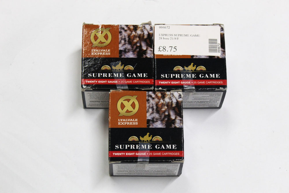 Three boxes (75 rounds) of Lyalvale Express Supreme Game 28 bore shotgun cartridges, 65 mm, 21 gram,