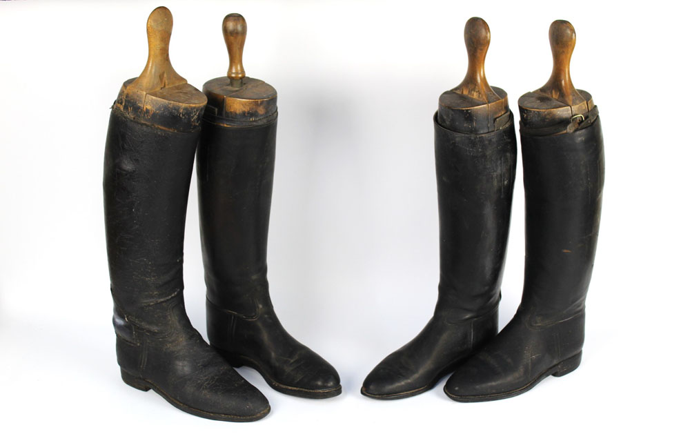 A pair and two single vintage fox hunting leather boots,