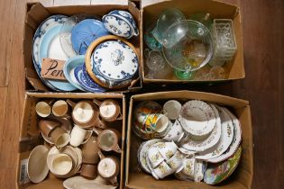 Four boxes of glassware and ceramics - part tea sets, vintage two tone coffee service,