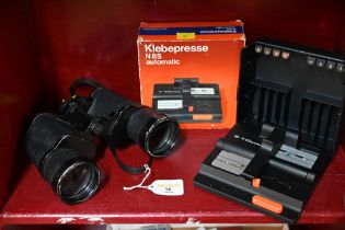 Pair of Grampian Deluxe 10 x 50 field binoculars and a Klebepresse Model N8S automatic film splicer