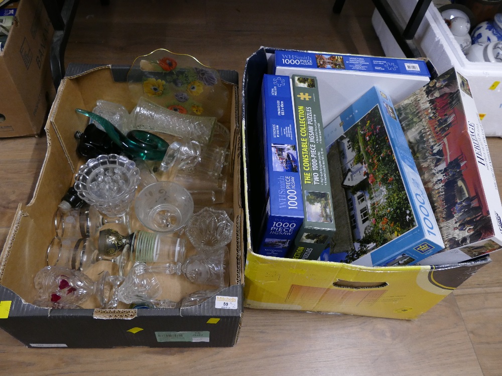 Box of jigsaws and box of glassware