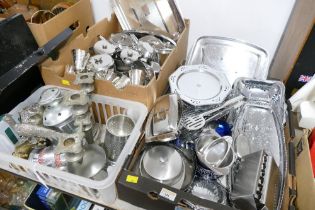 Three boxes of stainless steel trays, teapots,