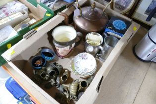 Box of brassware, copper kettle, pewter tankards, Doulton character jug,