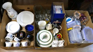 Three boxes of glassware, Wedgwood plate, Aynsley vase, Harry Potter mugs and bowls,