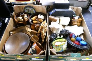 Two boxes of turned wooden bowls, eggs, candlesticks, place mats, shell ornament, yoyos,